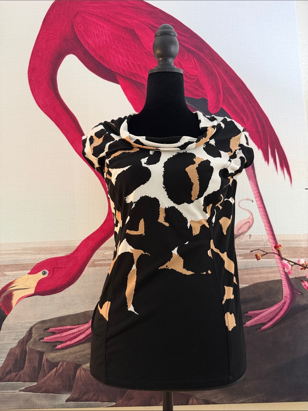 Grace Elements Black White and Tan Abstract Print Cowl Neck Blouse